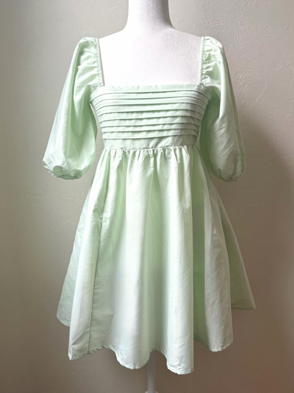 Francesca’s Blue Rain Mint Green Puff Sleeve Babydoll Dress Pockets NWT S